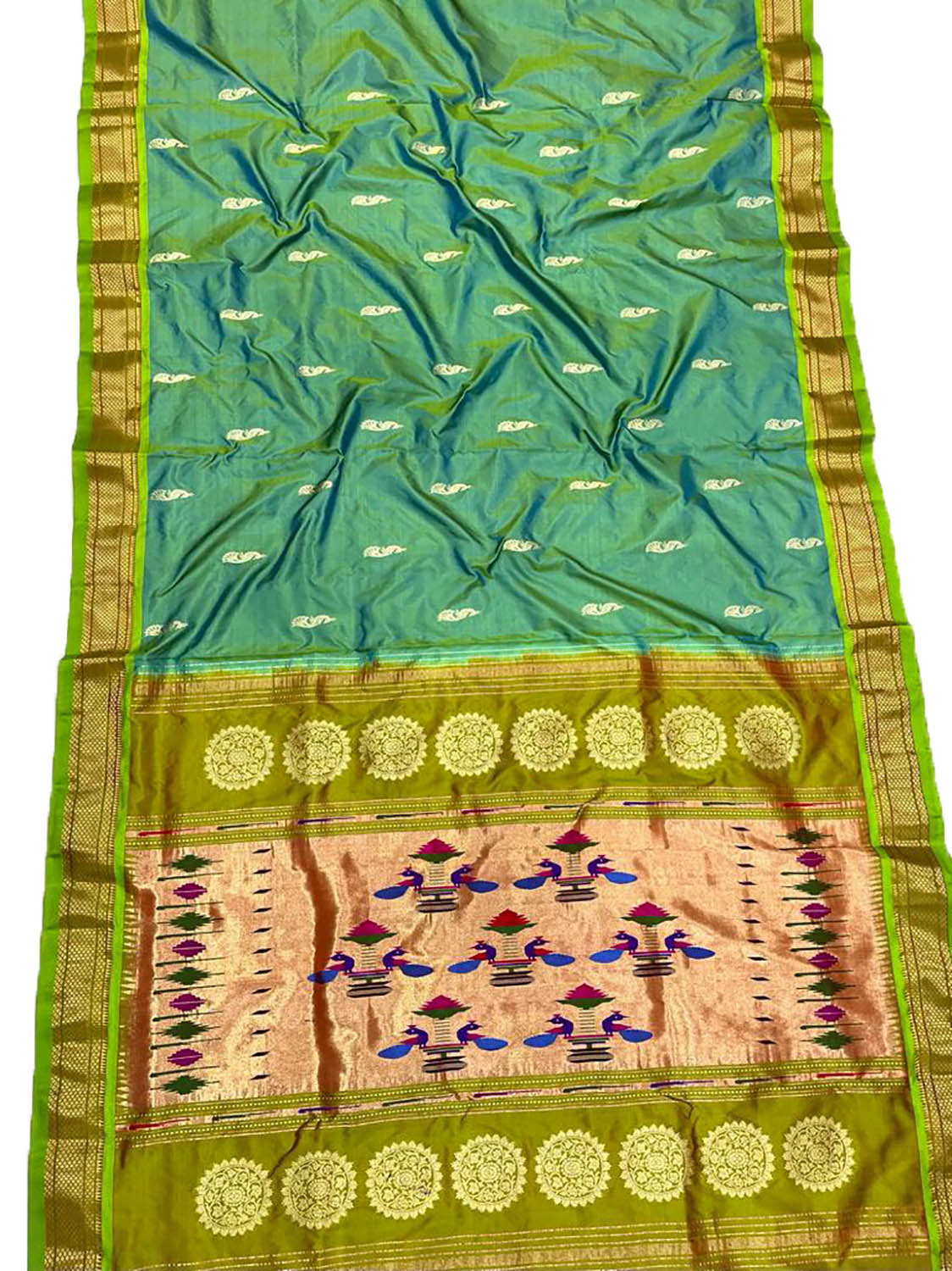 Green Paithani Handloom Pure Silk Peacock Design Saree - Luxurion World