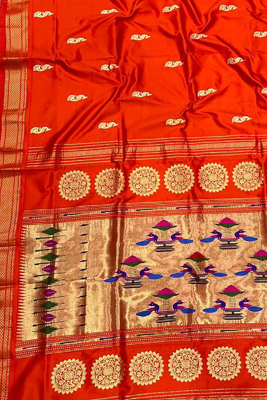 Orange Paithani Handloom Pure Silk Peacock Design Saree - Luxurion World