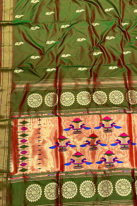 Green Paithani Handloom Pure Silk Peacock Design Saree