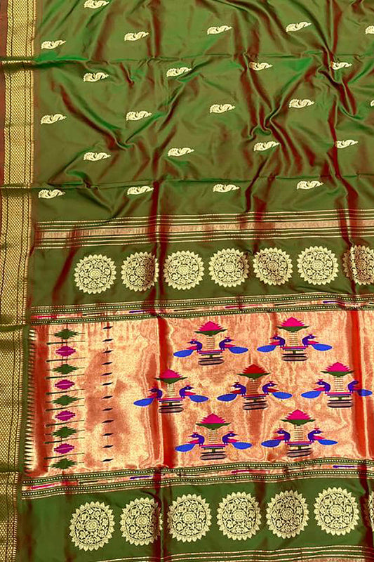 Green Paithani Handloom Pure Silk Peacock Design Saree - Luxurion World
