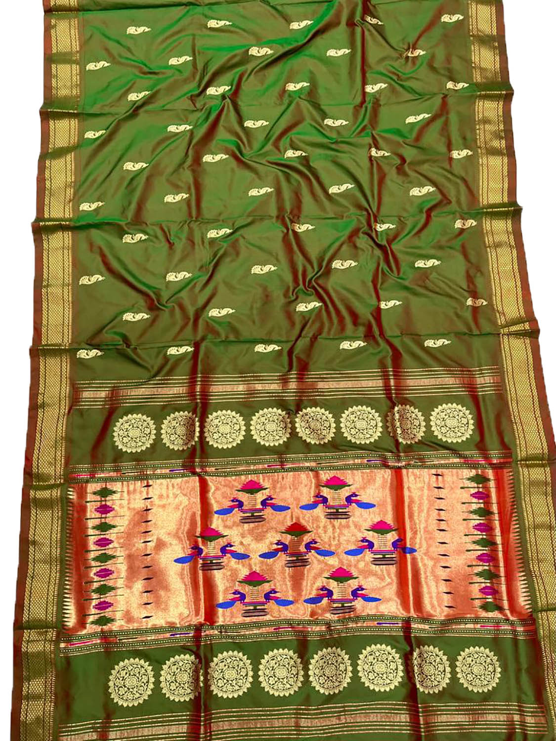 Green Paithani Handloom Pure Silk Peacock Design Saree - Luxurion World