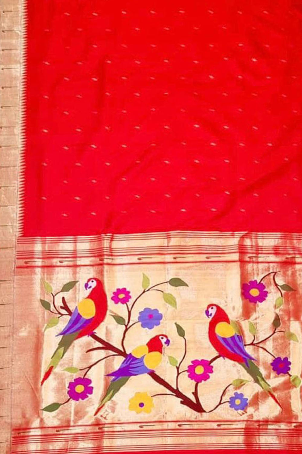 Red Paithani Handloom Pure Silk Single Muniya Border Saree - Luxurion World