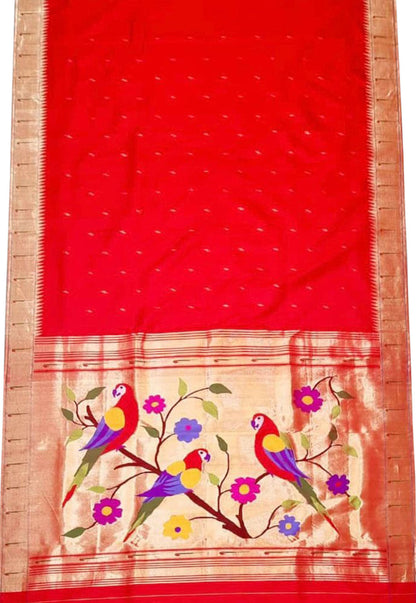 Red Paithani Handloom Pure Silk Single Muniya Border Saree - Luxurion World