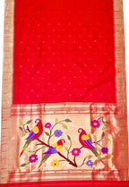 Red Paithani Handloom Pure Silk Single Muniya Border Saree - Luxurion World