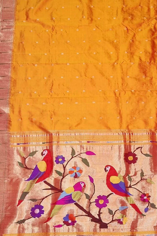 Yellow Paithani Handloom Pure Silk Single Muniya Border Saree - Luxurion World