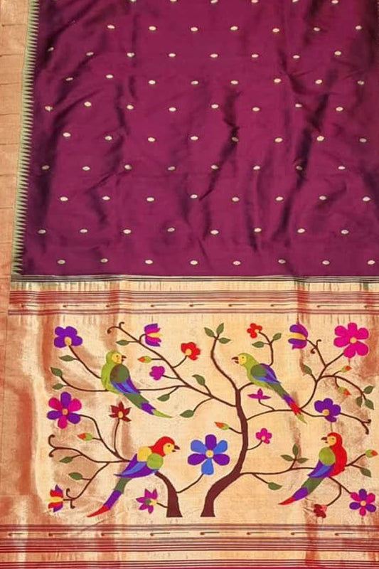 Maroon Paithani Handloom Pure Silk Single Muniya Border Saree - Luxurion World