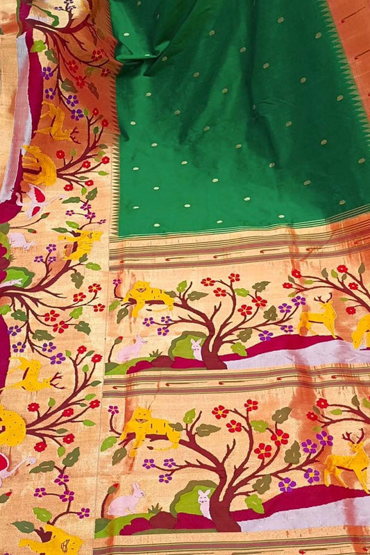 Green Paithani Handloom Pure Silk Saree - Luxurion World