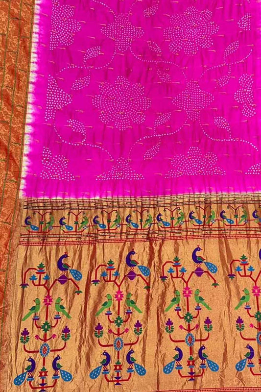 Pink Bandhani Paithani Pure Silk Saree - Luxurion World
