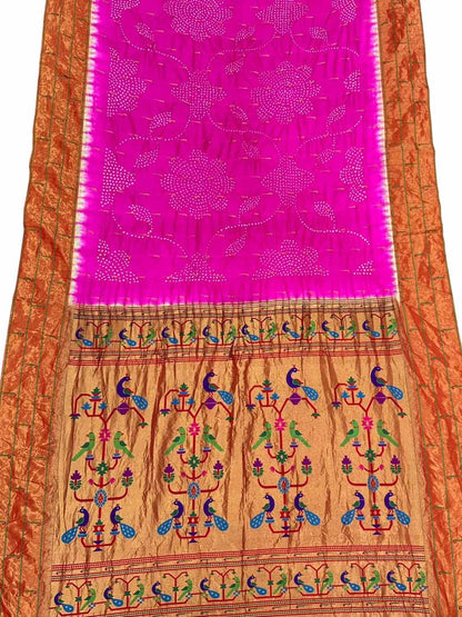 Pink Bandhani Paithani Pure Silk Saree - Luxurion World