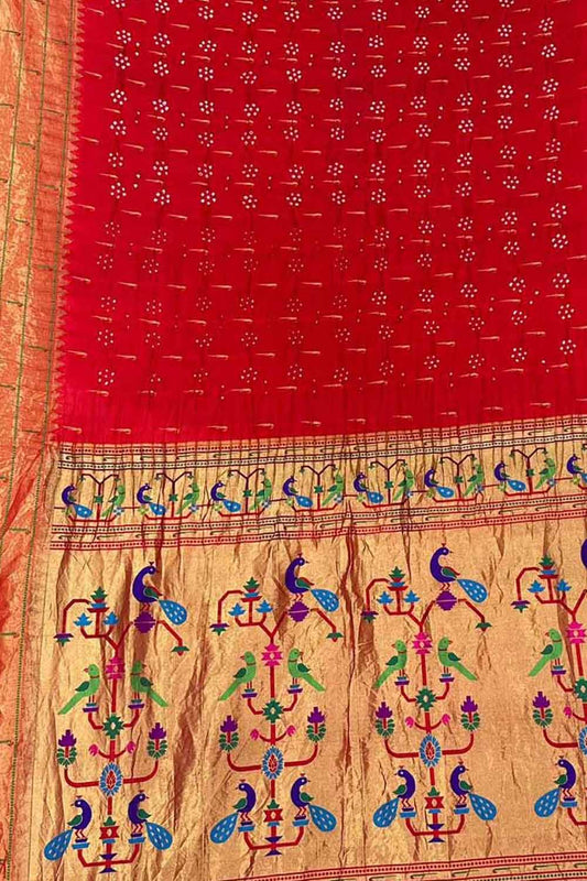 Red Bandhani Paithani Pure Silk Saree - Luxurion World