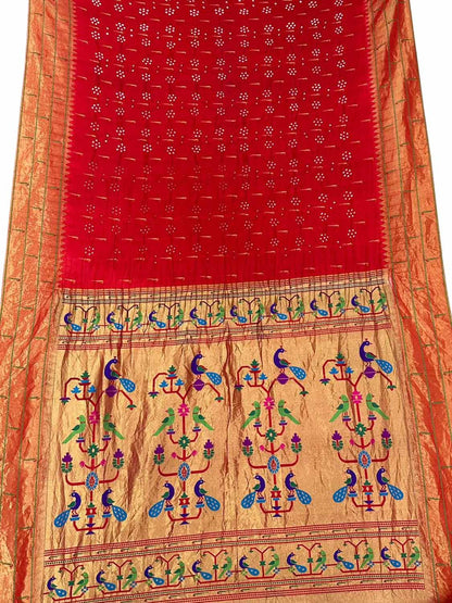 Red Bandhani Paithani Pure Silk Saree - Luxurion World