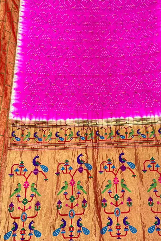 Pink Bandhani Paithani Pure Silk Saree - Luxurion World