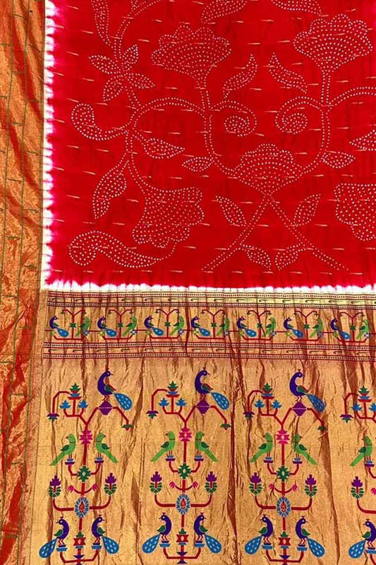 Red Bandhani Paithani Pure Silk Saree - Luxurion World