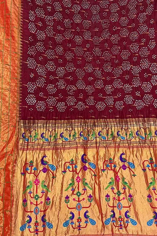 Maroon Bandhani Paithani Pure Silk Saree - Luxurion World