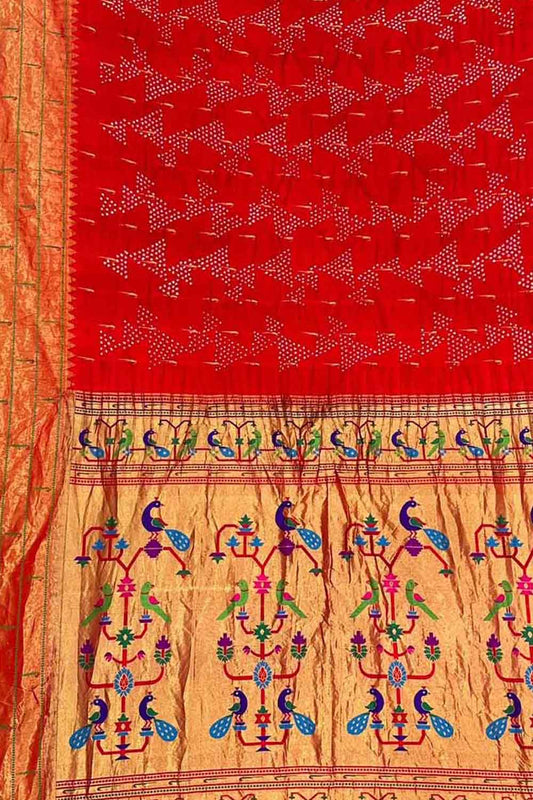 Red Bandhani Paithani Pure Silk Saree - Luxurion World