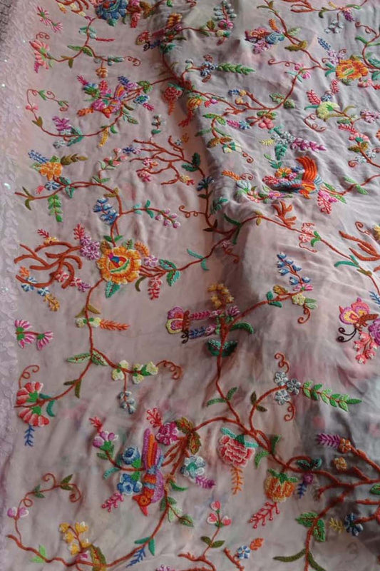 Light Pink French Knot Hand Embroidered Pure Georgette Saree With Chikankari Sequins Work Border - Luxurion World