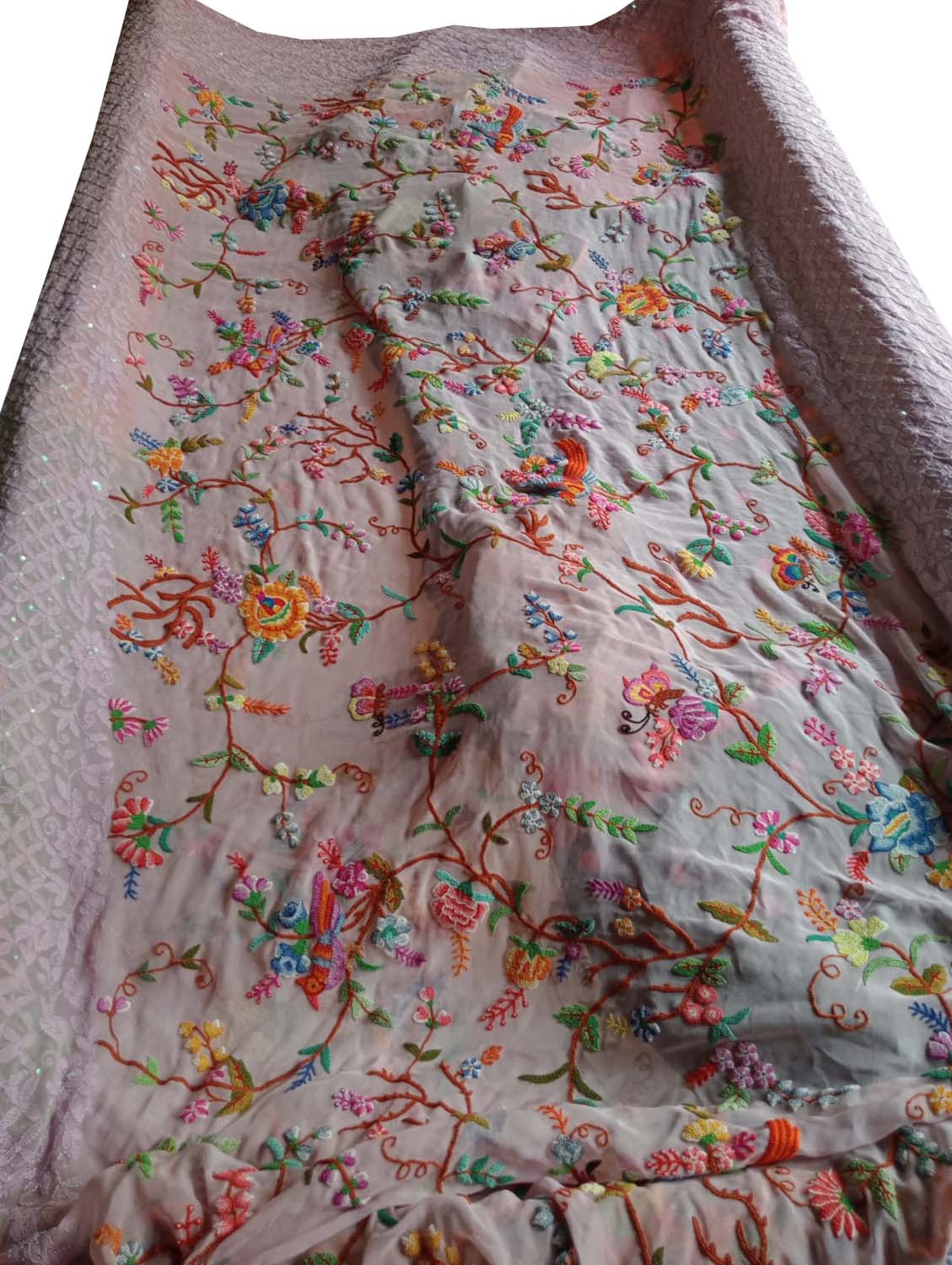 Light Pink French Knot Hand Embroidered Pure Georgette Saree With Chikankari Sequins Work Border - Luxurion World