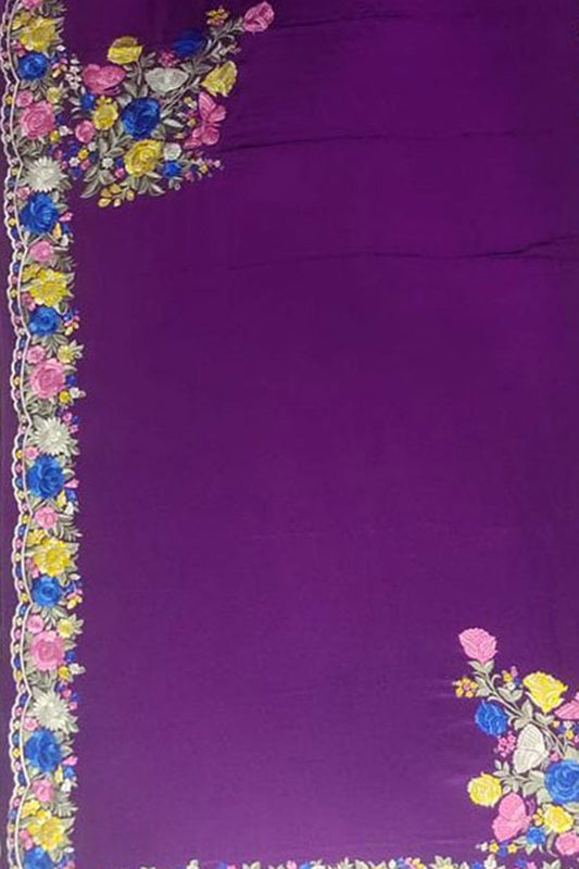 Purple Parsi Gara: Exquisite Hand-Embroidered Crepe Saree - Luxurion World