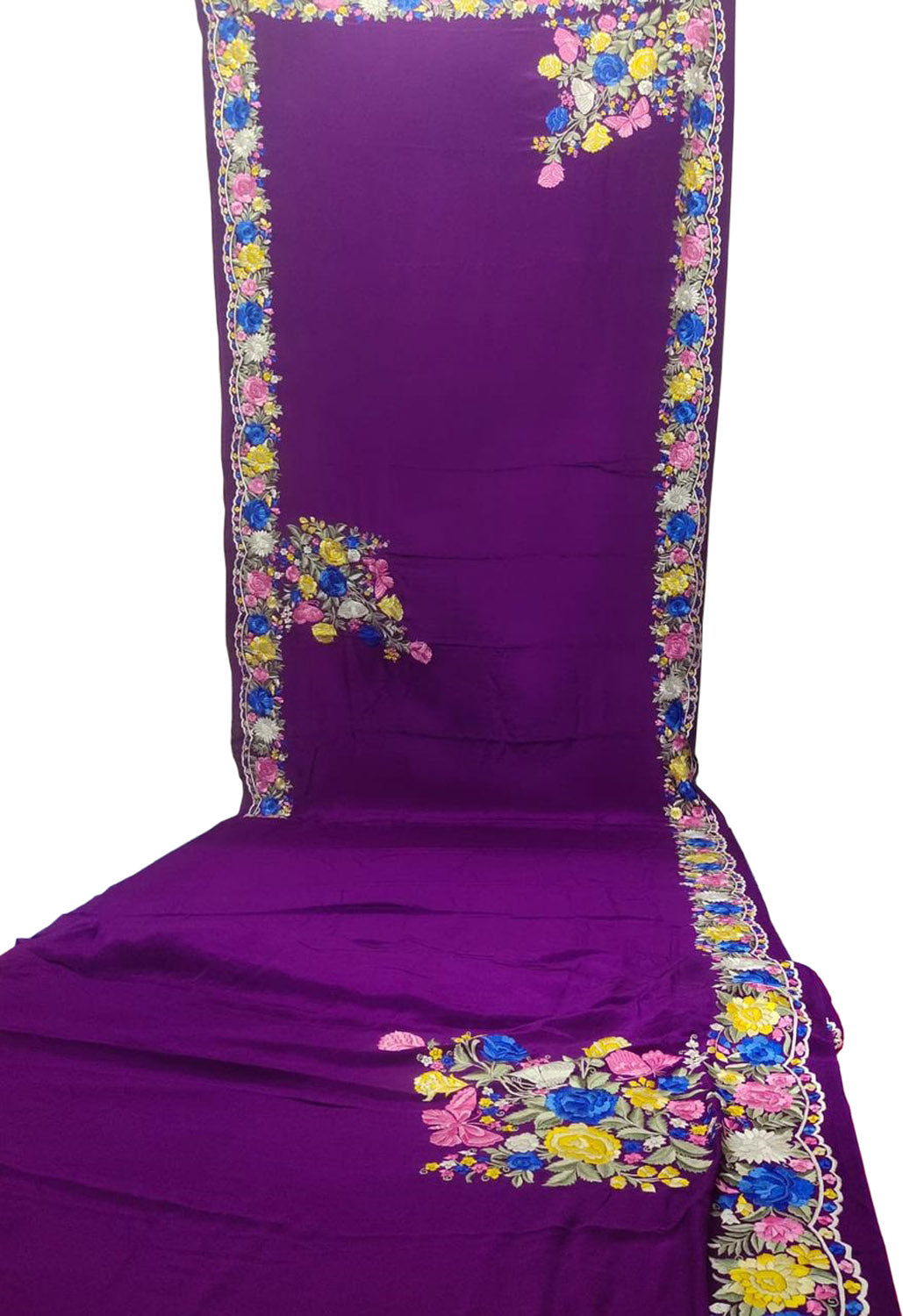 Purple Parsi Gara: Exquisite Hand-Embroidered Crepe Saree - Luxurion World
