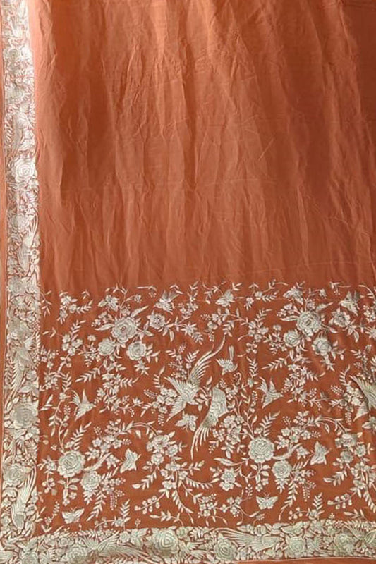 Exquisite Orange Parsi Gara Hand Embroidered Crepe Saree - Luxurion World
