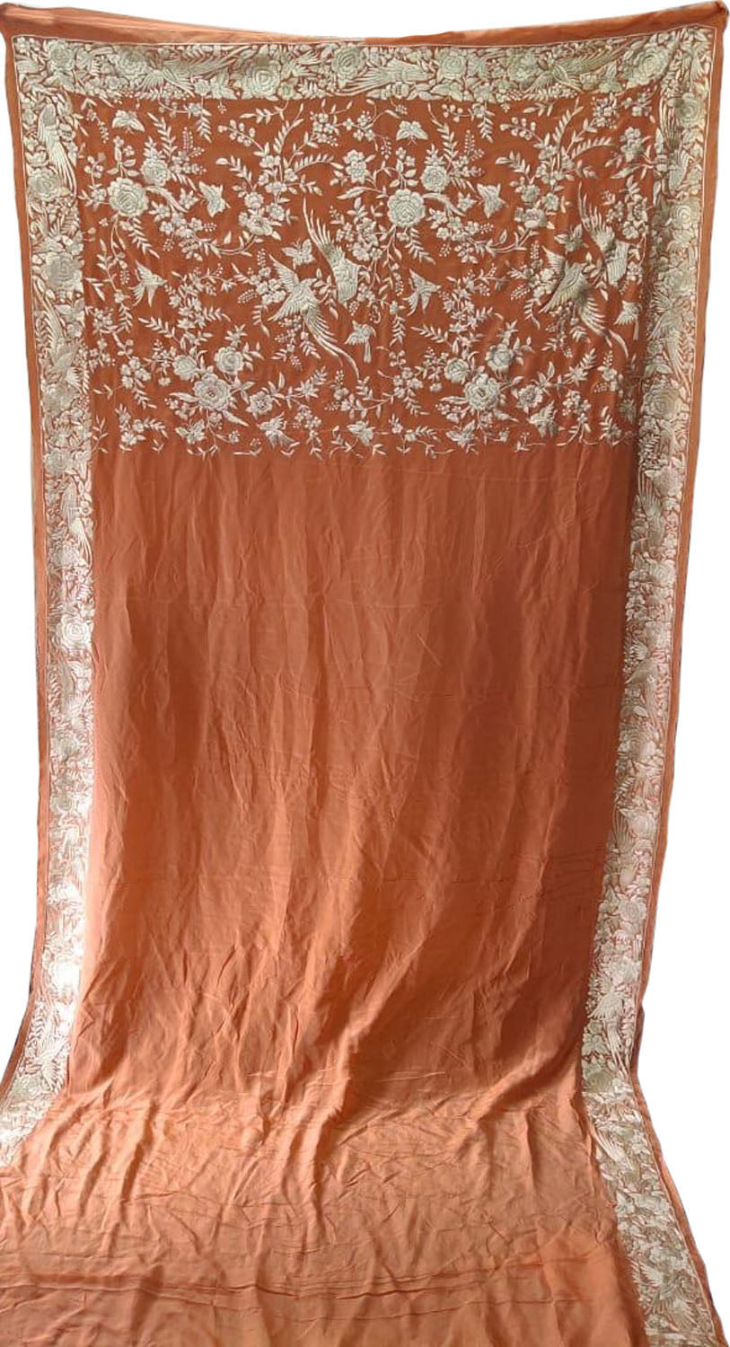 Exquisite Orange Parsi Gara Hand Embroidered Crepe Saree - Luxurion World