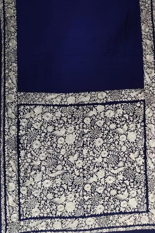 Exquisite Blue Parsi Gara Hand Embroidered Crepe Saree - Pure Elegance