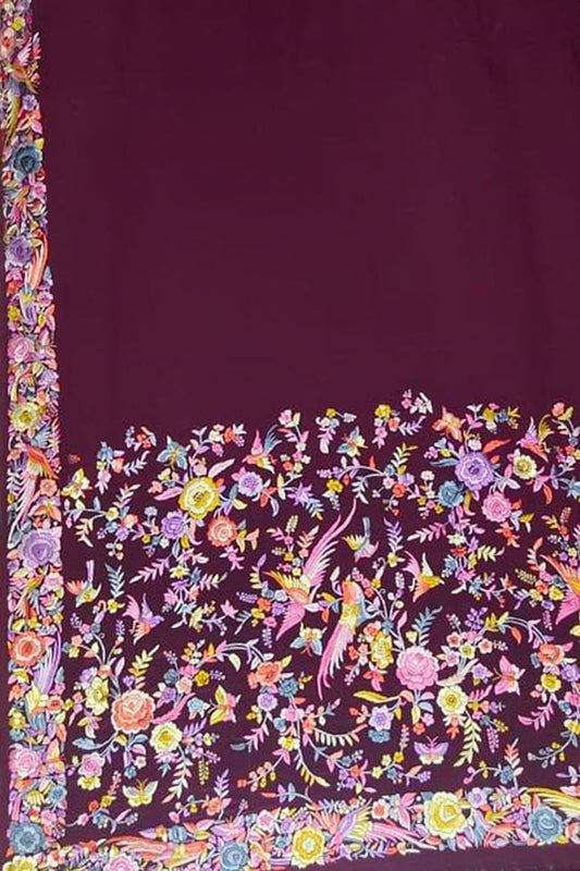 Exquisite Maroon Parsi Gara Hand Embroidered Crepe Saree - Luxurion World