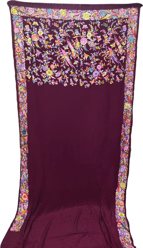 Exquisite Maroon Parsi Gara Hand Embroidered Crepe Saree - Luxurion World