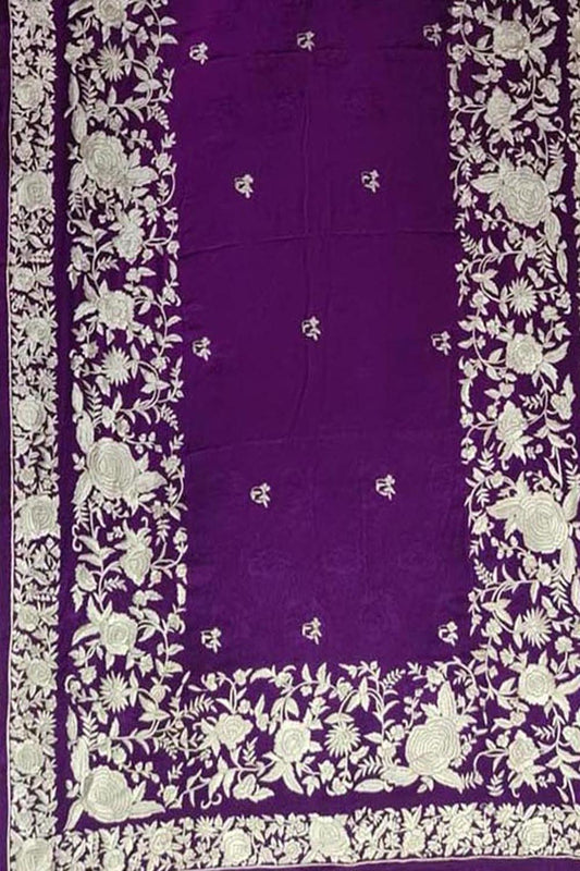 Purple Parsi Gara: Hand-Embroidered Pure Crepe Saree for Elegant Style