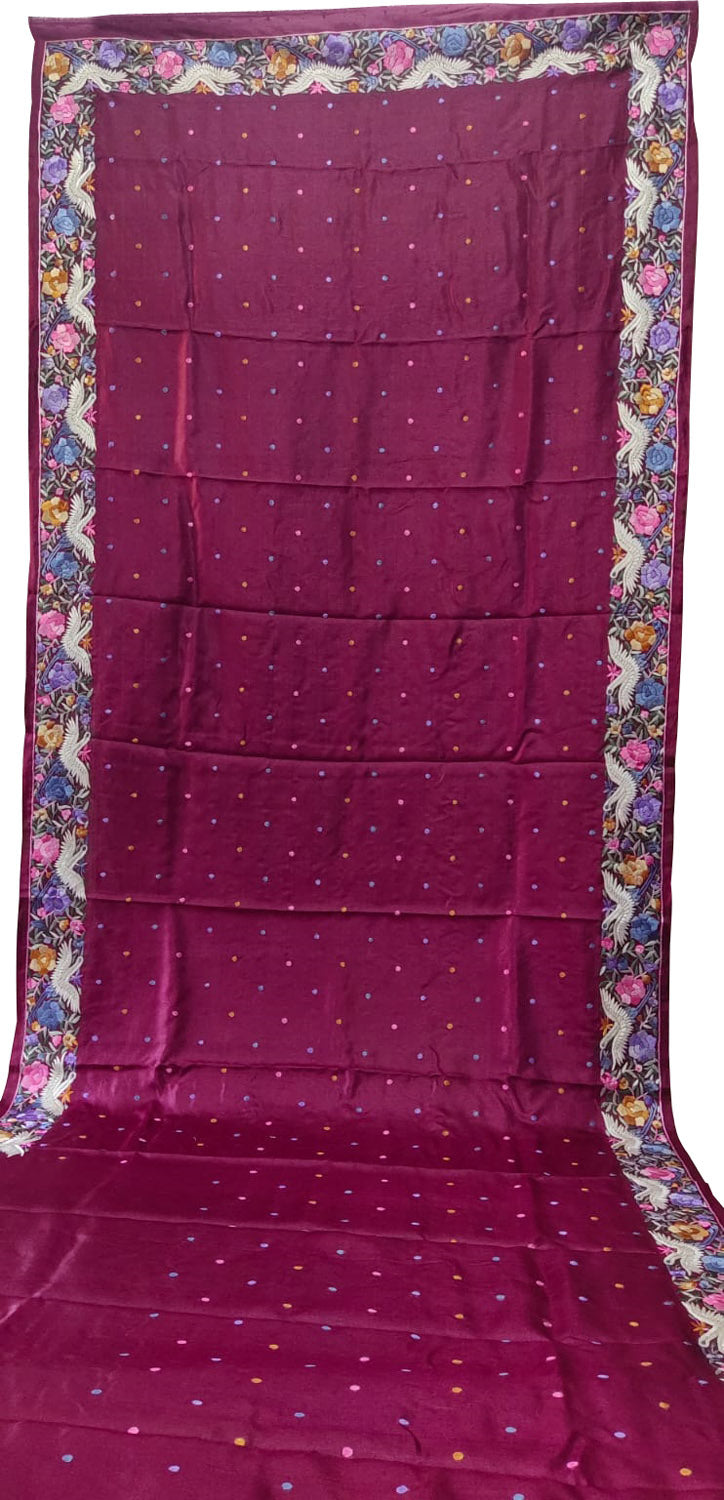 Parsi Gara Tussar Silk Saree: Exquisite Purple Hand Embroidery - Luxurion World