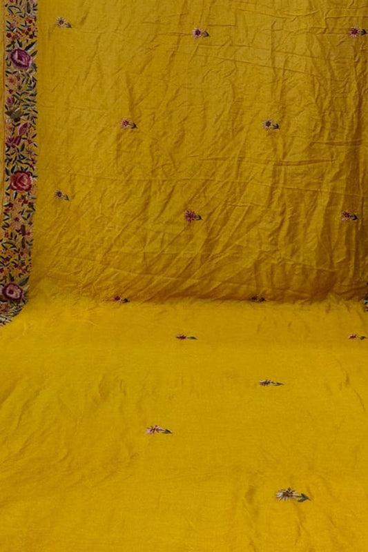 Exquisite Yellow Parsi Gara Tussar Silk Saree: Hand Embroidered Elegance