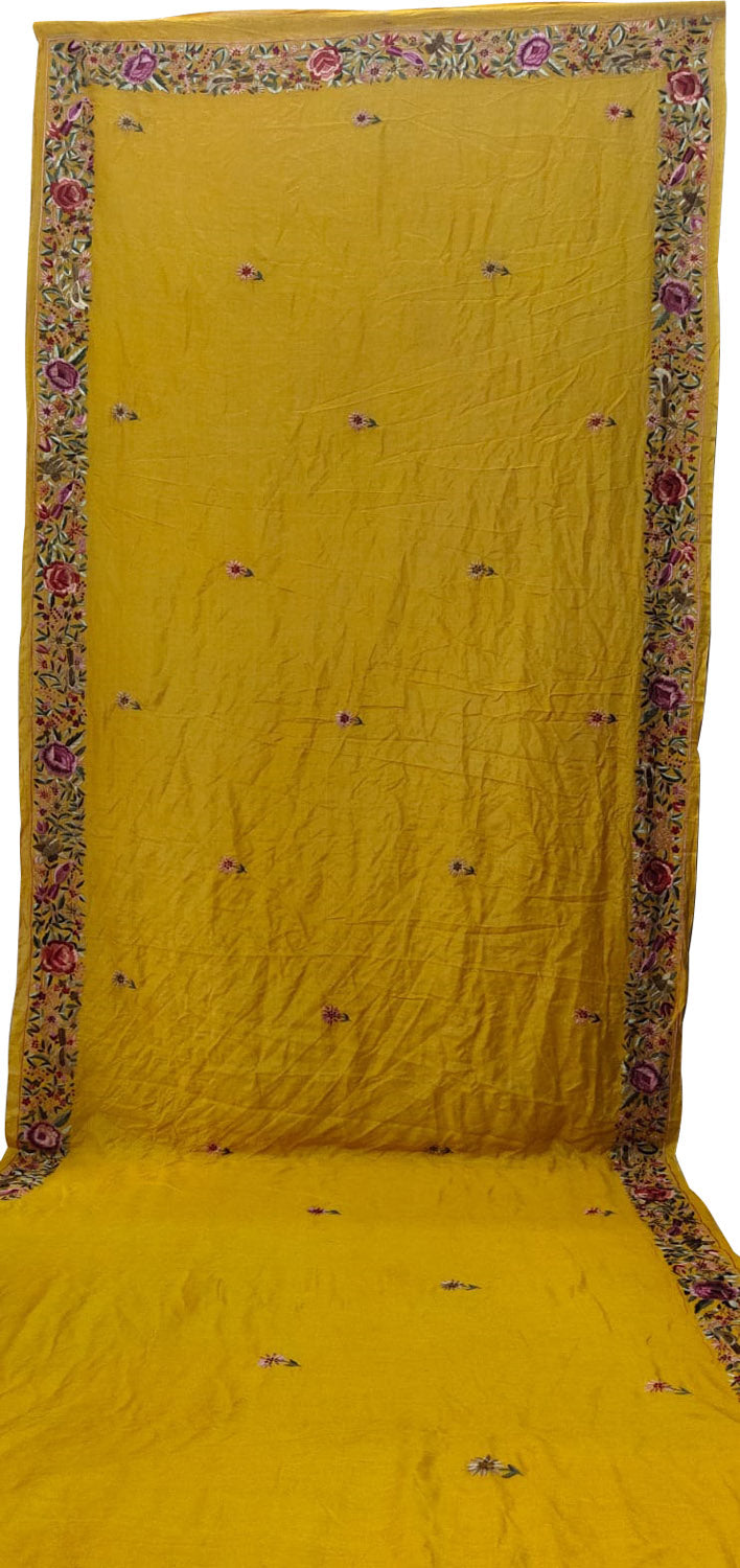 Exquisite Yellow Parsi Gara Tussar Silk Saree: Hand Embroidered Elegance - Luxurion World
