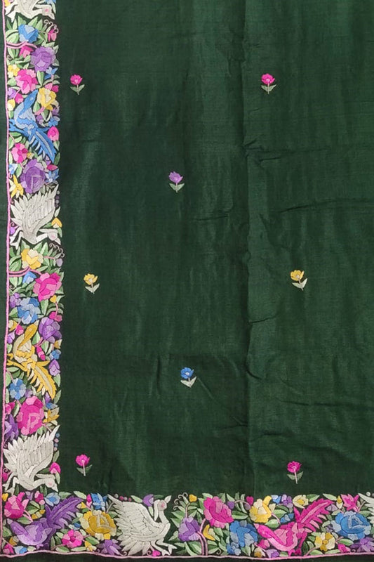 Exquisite Green Hand Embroidered Parsi Gara Tussar Silk Saree: A Masterpiece of Elegance