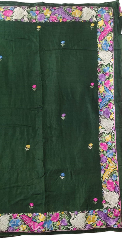 Exquisite Green Hand Embroidered Parsi Gara Tussar Silk Saree: A Masterpiece of Elegance - Luxurion World