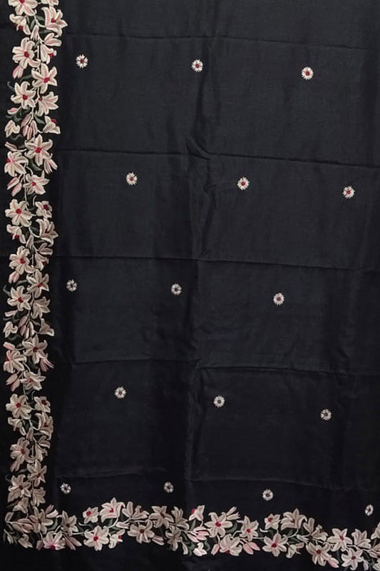 Exquisite Parsi Gara Tussar Silk Saree: Elegant Black Hand Embroidery