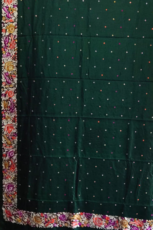 Exquisite Green Hand Embroidered Parsi Gara Tussar Silk Saree