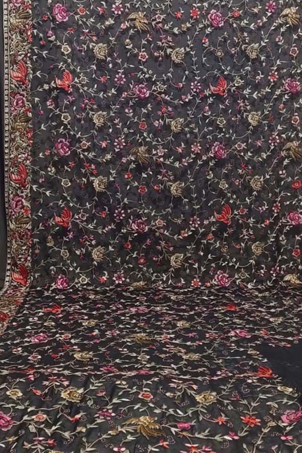 Elegant Black Hand Embroidered Parsi Gara Georgette Saree - Luxurion World
