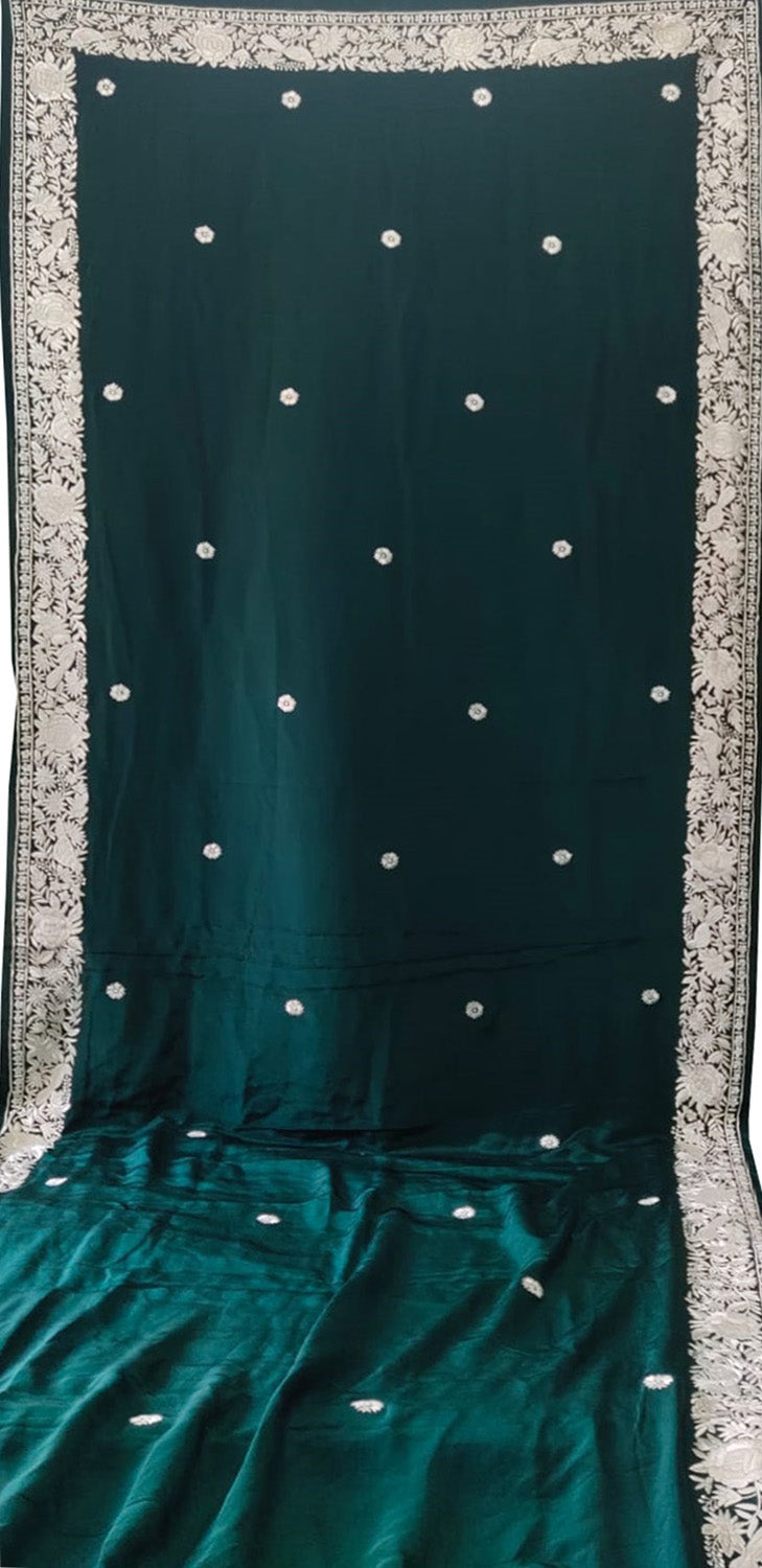 Exquisite Green Hand Embroidered Parsi Gara Pure Crepe Saree - Luxurion World