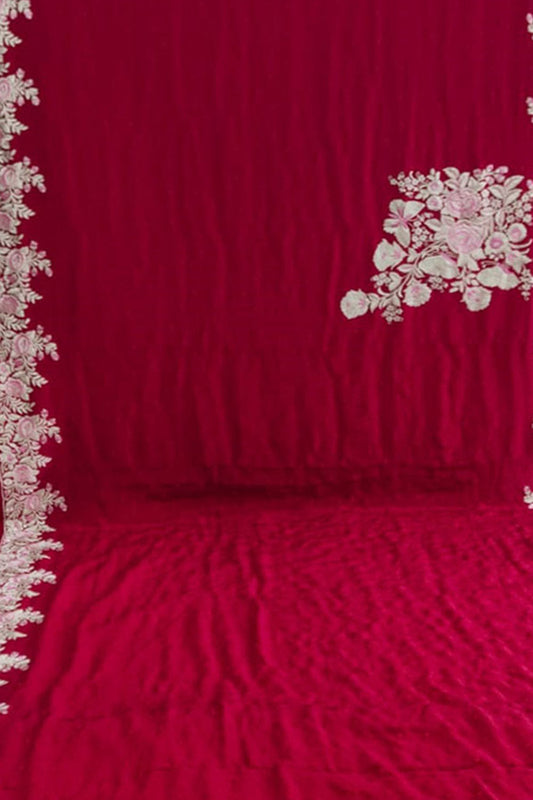 Exquisite Red Hand Embroidered Parsi Gara Pure Crepe Saree - Luxurion World