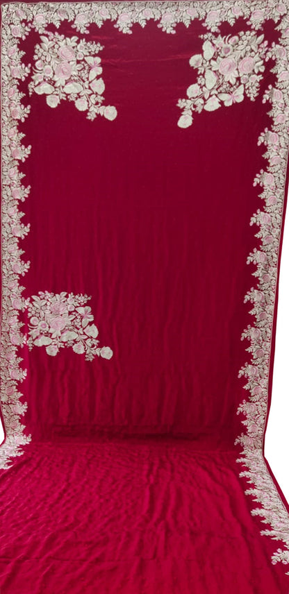 Exquisite Red Hand Embroidered Parsi Gara Pure Crepe Saree - Luxurion World