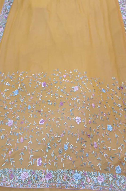 Yellow Hand Embroidered Parsi Gara Crepe Flower Design Saree - Luxurion World