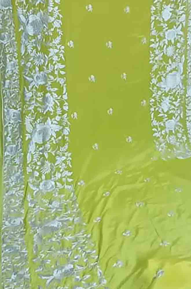 Yellow Hand Embroidered Parsi Gara Crepe Floral And Bird Design Saree - Luxurion World