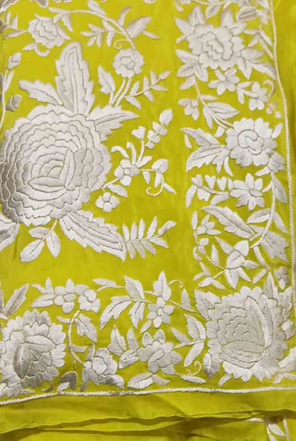 Yellow Hand Embroidered Parsi Gara Crepe Floral And Bird Design Saree