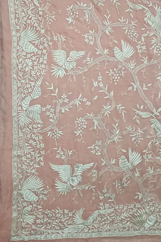 Pink Parsi Gara Hand Embroidered Pure Georgette Saree - Luxurion World