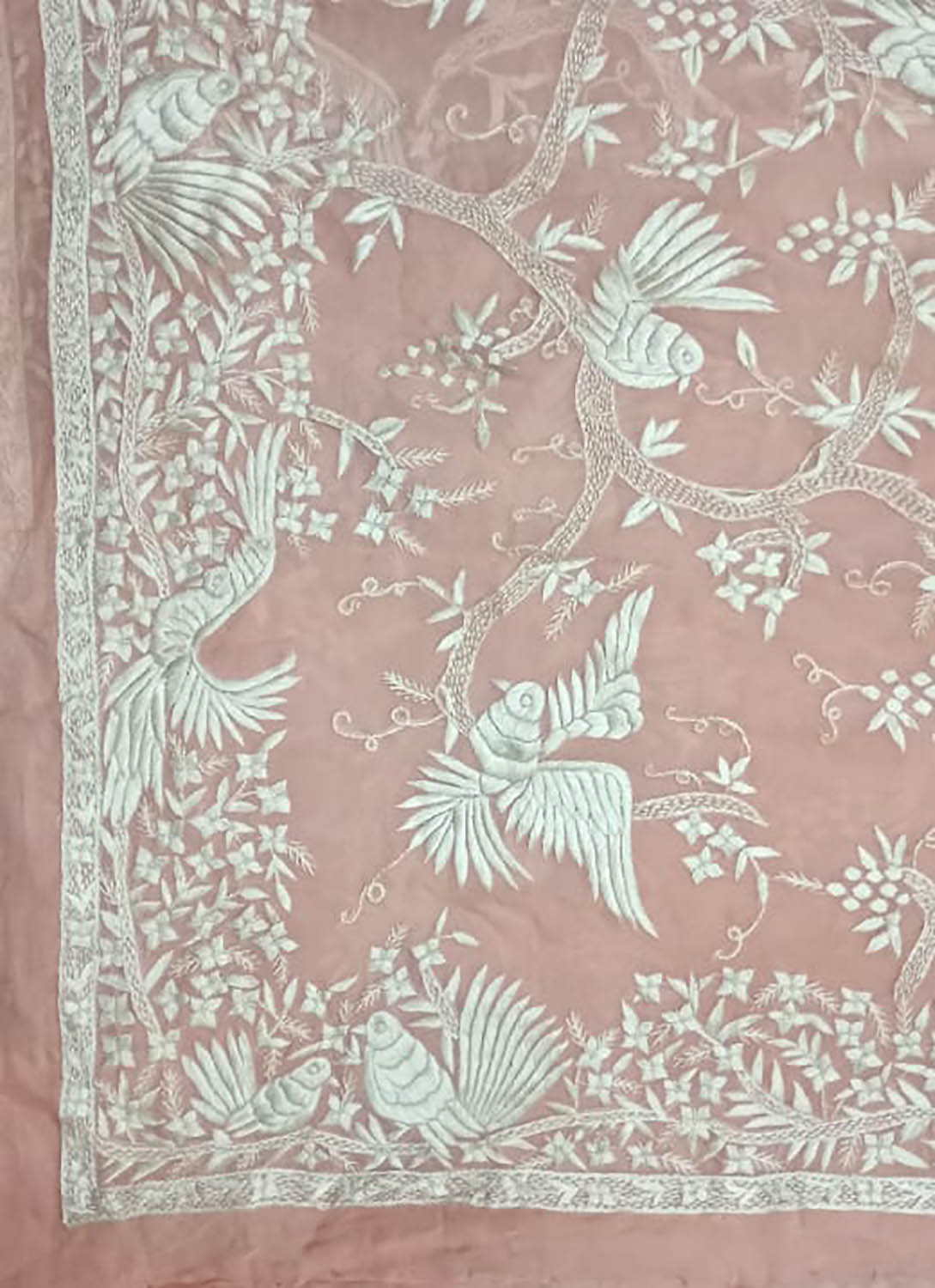 Pink Parsi Gara Hand Embroidered Pure Georgette Saree - Luxurion World