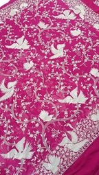 Pink Parsi Gara Hand Embroidered Pure Georgette Saree - Luxurion World