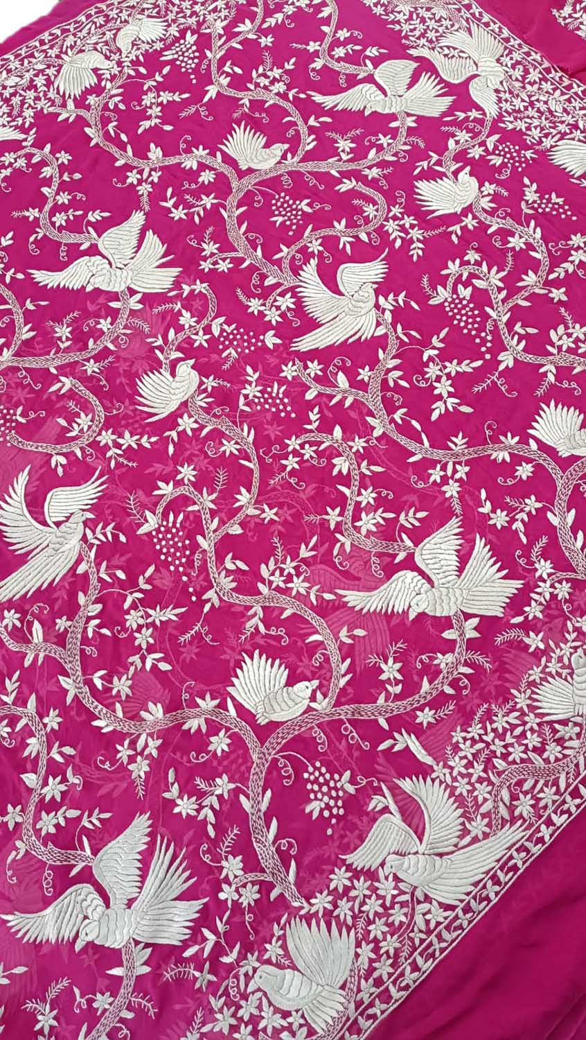 Pink Parsi Gara Hand Embroidered Pure Georgette Saree - Luxurion World