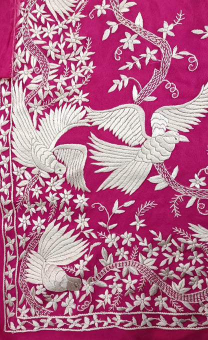 Pink Parsi Gara Hand Embroidered Pure Georgette Saree - Luxurion World