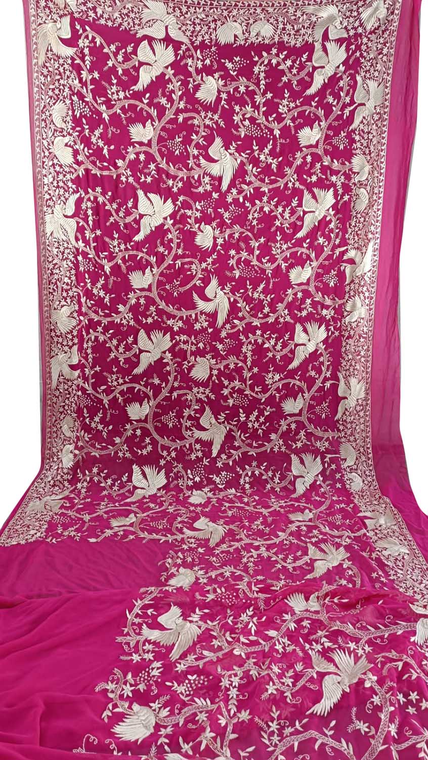 Pink Parsi Gara Hand Embroidered Pure Georgette Saree - Luxurion World