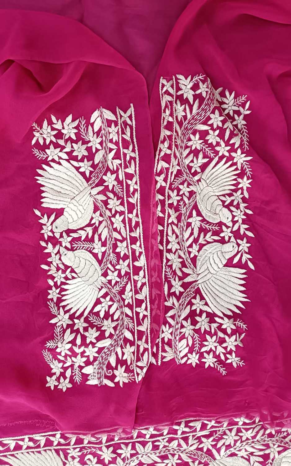 Pink Parsi Gara Hand Embroidered Pure Georgette Saree - Luxurion World